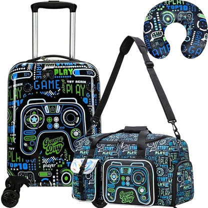 Kid’s Luggage Set 3 Piece Suitcase Set 16’’ Hardside Luggage with Spinner Wheels Girls Boys Carry on Toddler Travel Rolling Suitcase Airline Approved - color: Game