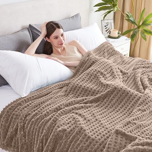 Soft Cozy Fuzzy Fleece Throw Blanket, Waffle Light Taupe, 50x60 Inches – Lightweight, Fluffy, and Warm 3D Jacquard All-Season Blanket for Couch, Bed, Sofa, Home Decor, Camping, and Travel - color: Waffle Light Taupe, size: Throw (50" x 60")