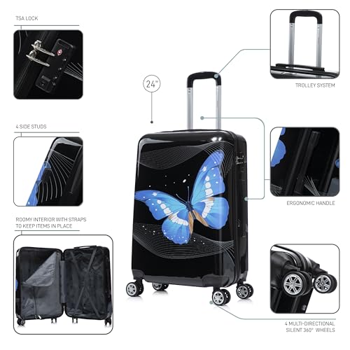 InUSA Prints PC/ABS Plastic 4-Wheel Spinner Luggage, Black Butterfly (IUAPC00M-BBU) - color: Black Butterfly, size: 24 Inch