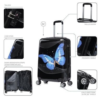 InUSA Prints PC/ABS Plastic 4-Wheel Spinner Luggage, Black Butterfly (IUAPC00M-BBU) - color: Black Butterfly, size: 24 Inch