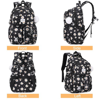 ACESAK Backpack for Girls with Tote Bag (Black Daisy) - color: Black Daisy