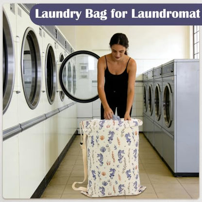 Canvas Laundry Bag with Shoulder Strap & Drawstring, 23"W x 29"H, Seahorse - color: Graceful Seahorse