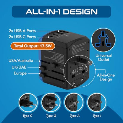Ceptics 5 in 1 Universal Travel Adapter, 2 USB-A + 2 USB-C, 4 Plug Outputs - color: Blue