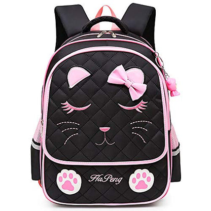Cat Black School Backpack for 8-16 Year Old Girls, Cute Elementary School Bags Bookbags for Kids - color: Black