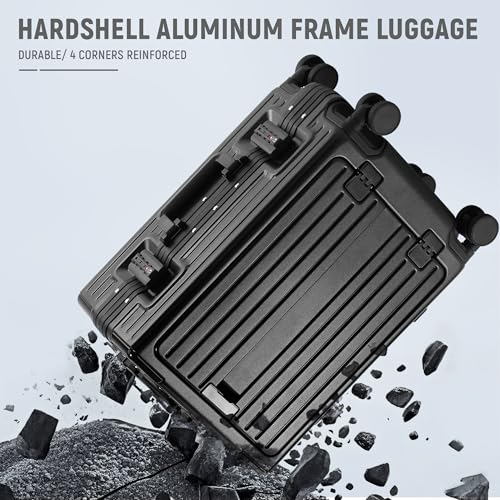 UrbanExplorer 24 Inch Check-In Aluminum Frame Luggage, ABS+PC Hard Shell Suitcases with Spinner Wheels TSA Approved Checked Luggage, Zipperless Suitcases with Cup Holder, Black - color: Black, size: 24-Inch