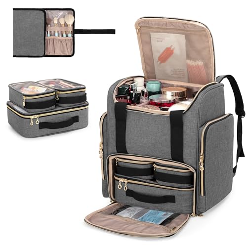 LUXJA Makeup Bag Backpack with 3 Removable Cases and 1 Makeup Brush Bag - color: Gray