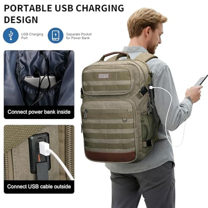 WITZMAN Canvas Travel Backpack for Men Multiple Pockets - color: Army Green