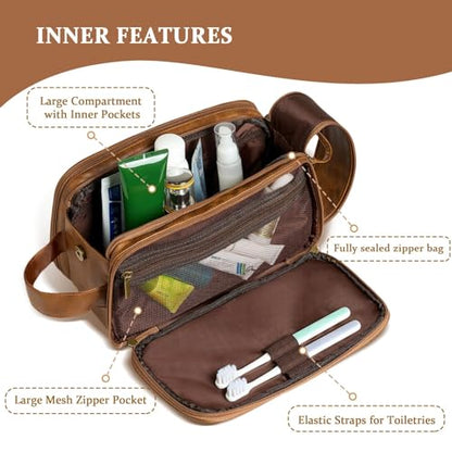 Travel Toiletry Bag For Mens PU Leather Engraved Initials (Yellow Brown V) - color: Brown, style: V