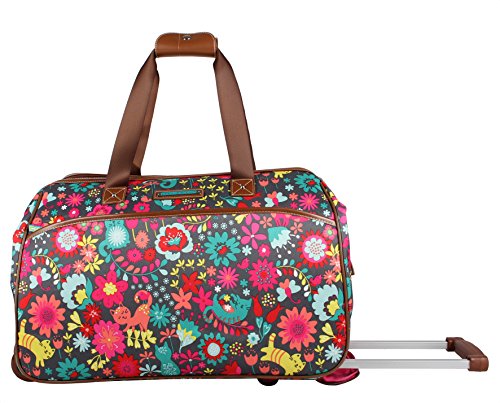 Lily Bloom Pattern 22 Inch Duffel Bag with 2-Rolling Wheels, Weekender Overnight Travel Lightweight Carry-On Suitcase For Women - color: Playful Garden