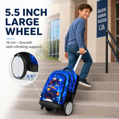 20 Inches Large Wheels Rolling Backpack for Boys with Detachable, 3Pcs Kids Lightning Truck Wheeled Backpack Set for Elementary School (Blue) - color: Lightning Dual-cab Truck (Large Wheels)