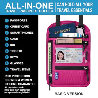 Passport Holder for Travel-RFID Blocking Neck Wallet-Money Pouch - color: Magenta