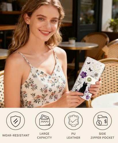 GIANCOMICS Black Cat Womens Wallet RFID Blocking, Credit Card Holder Bifold - color: Black Cat Flower