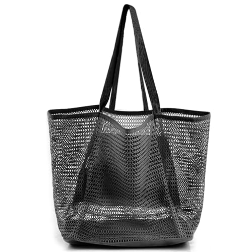 HOHOM Beach Bags for Women, Summer Travel Mesh Tote Bag with Large Inner Pocket, Sandproof Woven Shoulder Handbag - color: 석탄 블랙