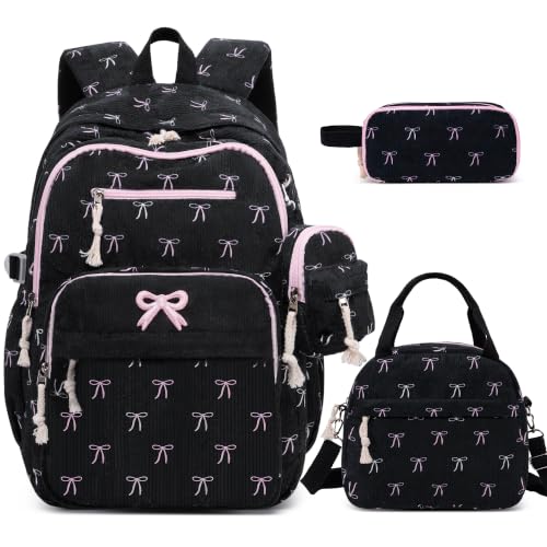 DIGOBAY 4PCS Corduroy Backpack For Girls with Lunch Box Pencil Pouch