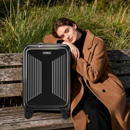 Carry on Luggage Top opening Suitcases, Expandable with Cup Holder and USB Charging Port,Lightweight with Front Pocket Rolling Suitcases with Spinner Wheels - color: Dark Black