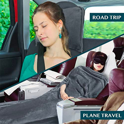 PAVILIA Compact 2-in-1 Travel Blanket Pillow for Airplane Flight, Dark Gray - color: Gray