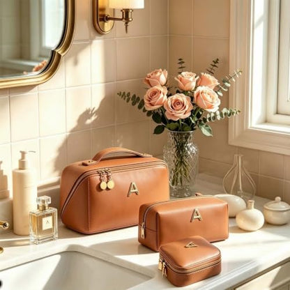 Personalized Initial Make Up Bag for Women Teen Girls Toiletry Organizer - color: Brown