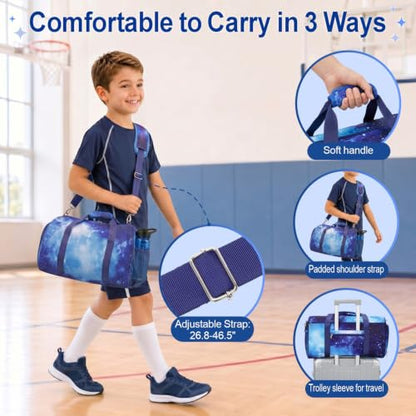 Bagseri Boys Duffle Bag for Travel - Kids Gym Bag with Shoe Compartment - color: B5-Purple Starry Sky, size: Medium - 17.3 x 9 x 9.7 in
