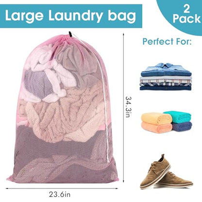 2 Pack Mesh Laundry Bags 23x34 Inch Drawstring Locking for Travel Home - color: Pink