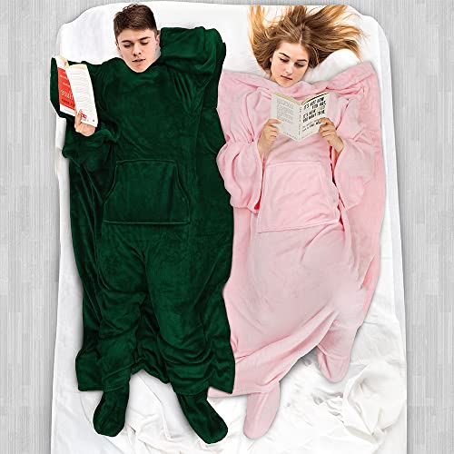 PAVILIA Fleece Blanket with Sleeves, Foot Pockets for Women Men, Light Pink - color: Light Pink, size: Fleece