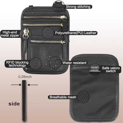 Neck Wallet for Traveling Women Men, RFID Blocking Leather Travel Pouch - color: Raven Black