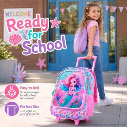 KLFVB Rolling Backpack for Girls Boys, Kids Roller Wheels School Bookbag with Lunch Bag, Wheeled School Bag for Children - color: Reversible Sequins Mermaid Rolling Backpack Set
