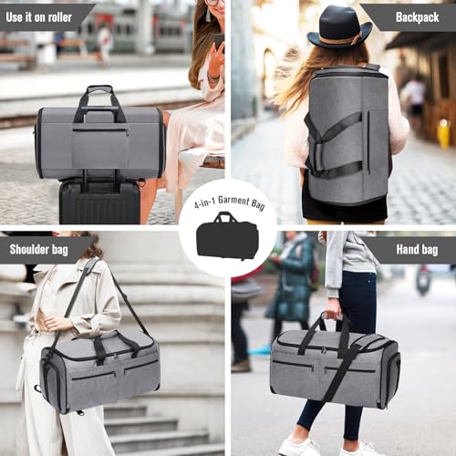 Bukere Carry on Garment Bag for Travel, Convertible Travel Duffel Suit Bag with Backpack Straps, Shoe Compartment, 3 in 1 Weekender Suit Bag for Men Women - color: Backpack Grey