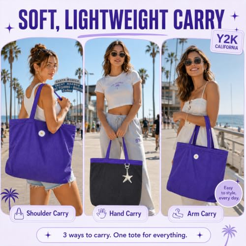 CYD Summer Beach Bag for Women, Lightweight Soft Tote with Shoulder Strap, Foldable Packable Pool Carryall with Dual Pockets - color: Midnight Black + Lavender Purple