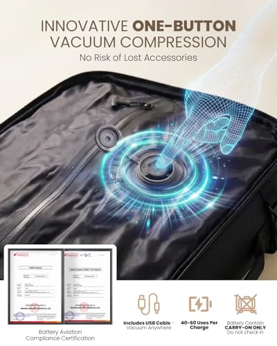 Fanwoli Rolling Vacuum Backpack Travel,One-Button Compression,55L,Black | Carry On | 55L Expandable | 2-In-1 Design | Built-In Electric Pump | 16 Pockets | Water Resistant | Fits 18” Laptop - color: Black