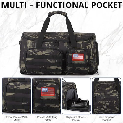 Duffle Bag for Men,55L Convertible Tactical Garment Bag for Business Trips - color: Camo Black