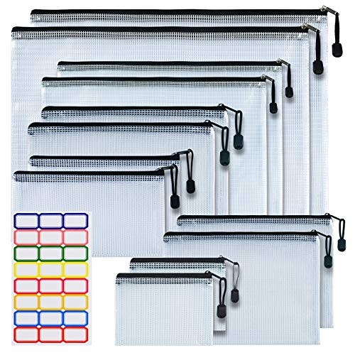 12PCS Mesh Zipper Pouch Bags: Black Clear Zipper Pouches for Classroom - size: Multi-Size (A3, A4, A5, B5, A6, B8) - Black