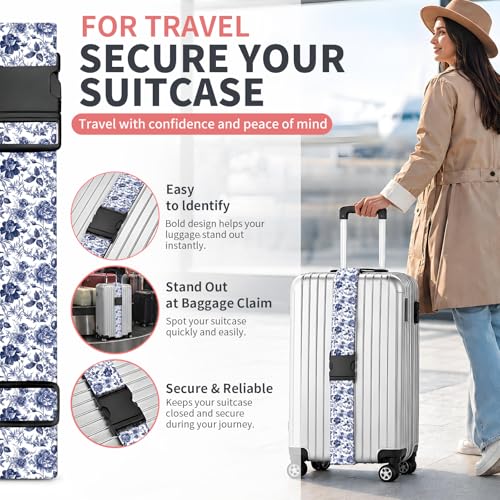 Luggage Strap for Suitcases Adjustable Travel Belt with Quick Release Buckle, Cute Travel Accessories for Suitcase Strap White Blue Flowers - color: White Blue Flowers