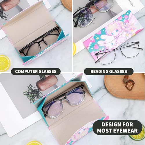 Foldable Glasses Case, Magnetic PU Leahter Sunglasses Case, Cute Hard Shell Folding Eyeglass Cases for Women Kids - color: Pink Bunny Girl