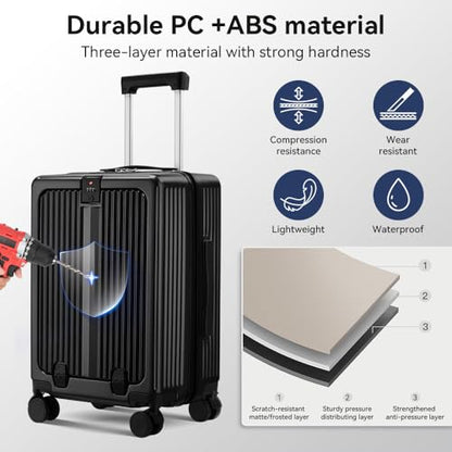 Front Pocket Carry On Luggage 22x14x9 Airline Approved, Black - color: Black-SK, size: 20 Inch