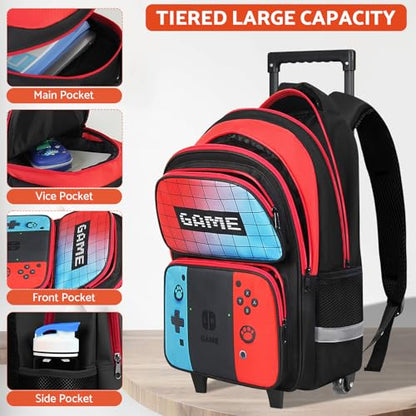 TILYTADLY Gamer Rolling Backpack for Boys - 3PCS Boys Rolling Backpack With Lunch Box and Pencil Case for Kids Children Teens Elementary Middle School,HFHTDC Roller Bookbag With Wheels for Aged 6-18 - color: 2c-red-blue-backpack Set