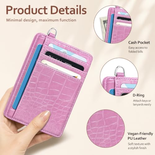 Coco Rossi Crocodile Wallet Women Slim Credit Card Holder with Keychain - color: A Peach Pink Croc
