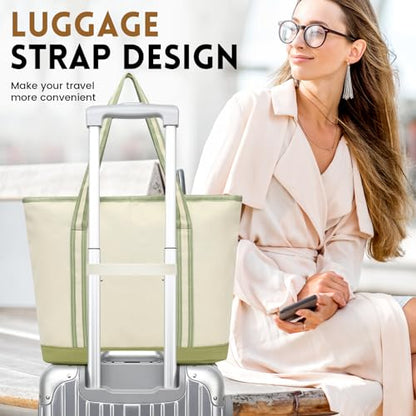 Large Canvas Tote Bag for Women, Beach Bag with Zipper, Utility Tote Bag with 3 Front Pockets, Weekender Pool Bag - color: Beige Yellow With Green