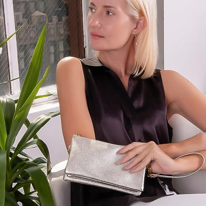 Vegan Leather Crossbody Wristlet Purse for Women - Small Convertible Clutch - color: Silver