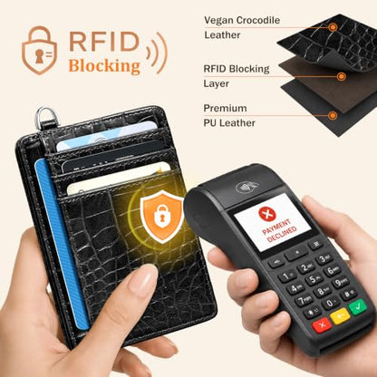 Coco Rossi Crocodile Wallet Women Slim Credit Card Holder with Keychain | Luxury Wallets, Alligator Print, RFID Blocking, ID Case, Small Minimalist, Womens Girls Gift, Black Croc - color: A Black Croc