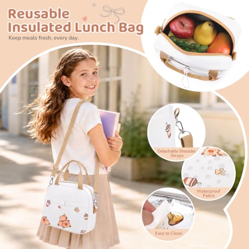 DIGOBAY Backpack for Girls, 5PCS School Bookbag with Lunch Box Pencil Case - color: White Brown