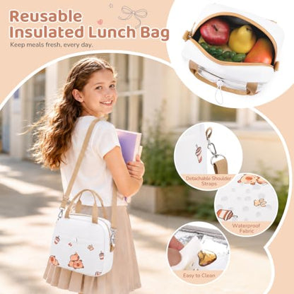 DIGOBAY Backpack for Girls, 5PCS School Bookbag with Lunch Box Pencil Case - color: White Brown