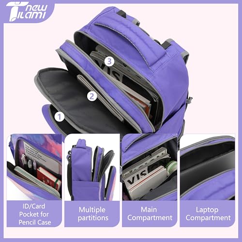 NEW TILAMI 18 Inch Rolling Backpack with Lunch Bag for Girls Boys School - color: Purple Sky