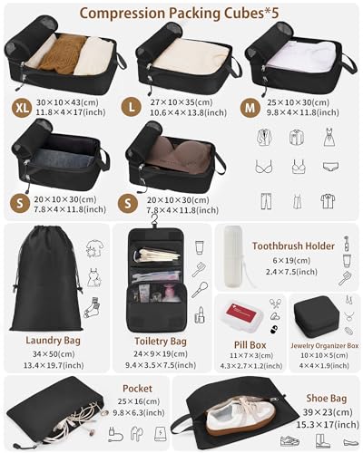 12-Piece Expandable Compression Packing Cubes, Space Saving Suitcase Organizers for Travel, Heavy Duty Luggage Storage Pouches Set, Black - color: Black