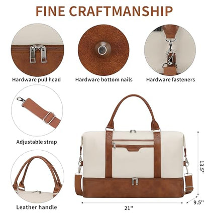 Oeihuivt Weekender Bags for Women - 21 Inch Large Travel Duffel Bag 3-Piece Set with Shoe Compartment, Heavy-Duty Canvas & Leather Carry On Overnight Tote (Airplane Approved) - color: Brown-Beige-A