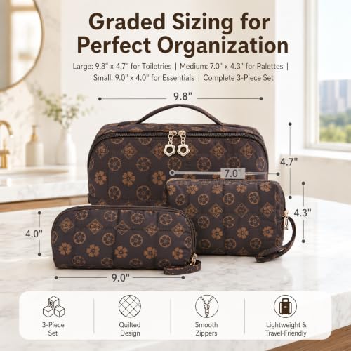 YTL Travel Makeup Bag, Puffer Cosmetic Organizer Bags, Women Toiletry Case - color: Coffee Flower Puffer