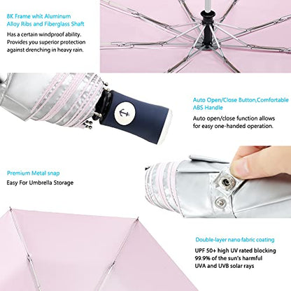 FDJASGY Silver Coating Layer Fabric Blocking UV 99.9% Sun Umbrella Compact Folding Travel Umbrella Automatic Windproof Umbrellas For Men and Women (Pink) - color: Pink