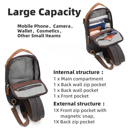 KL928 Canvas Sling Bag for Men Women, Casual Crossbody Backpack Travel Shoulder Daypacks Rucksack - color: Black