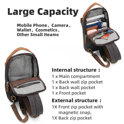 KL928 Canvas Sling Bag for Men Women, Casual Crossbody Backpack Travel Shoulder Daypacks Rucksack - color: Black
