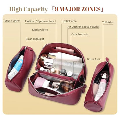 BOYATU Genuine Leather Travel Makeup Bag: Hand-made 3 Pcs Set Cosmetic Bags - color: 06Burgundy