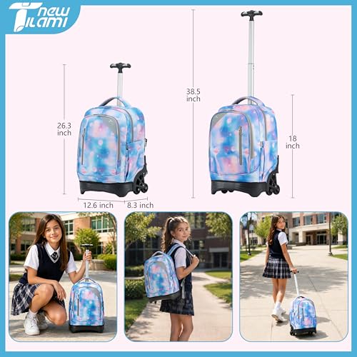 NEW TILAMI 18-Inch Rolling Backpack 6-Wheel for Kids School Travel - color: Purple Star